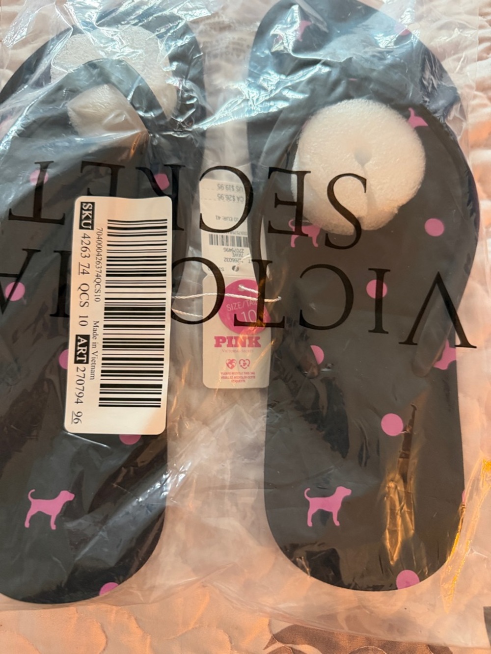 Victoria's Secret Black Flip Flops with Pink Dog & Polka Dot Accents - Picture 3 of 3